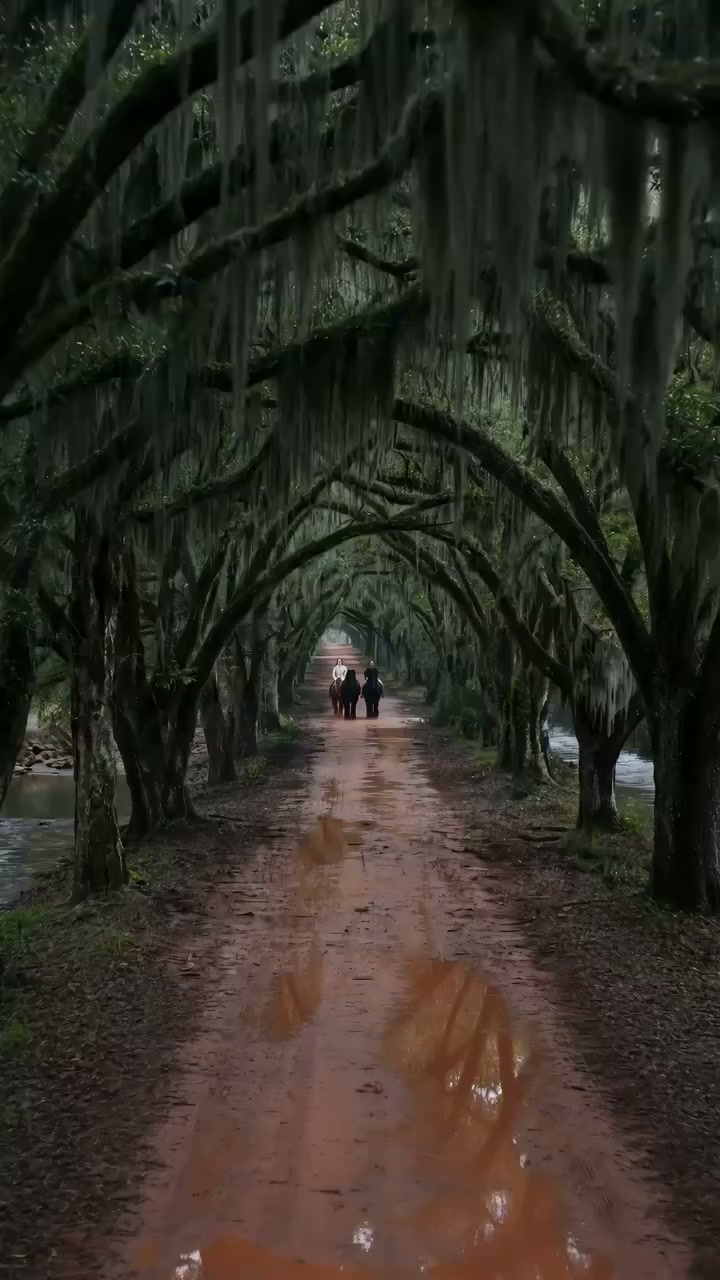 Riders approach along a rain-soaked road beneath moss-draped trees